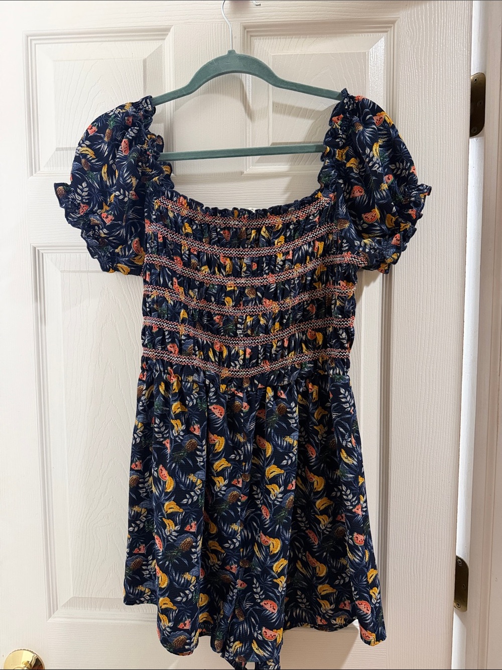 Navy Floral Fruit Romper with Puff Sleeves Elastic